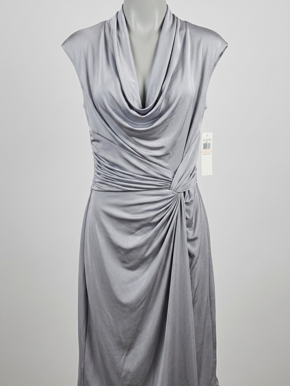 Maggy London Silver-Gray Draped Cowl Neck Midi Dress